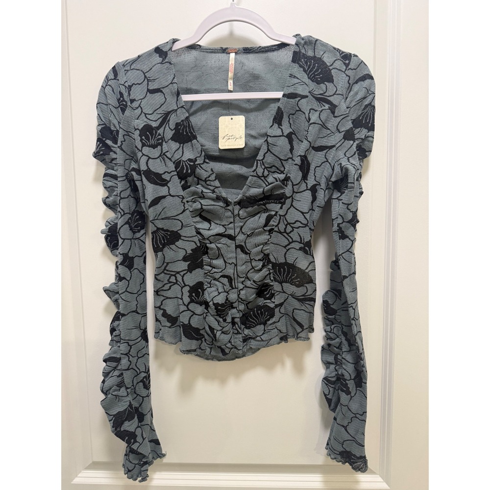 Free People Floral Mesh Ruched V-Neck Top Blue Black XS NEW Lettuce Edge Boho